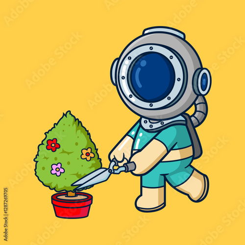 Diver carry out the activity of cutting plants using large garden scissors