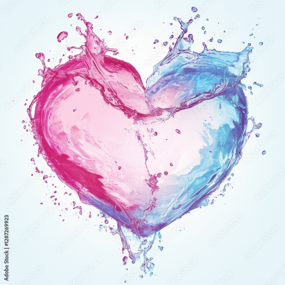 Heart-shaped water splash, dynamic fluid motion, flat design illustration Heart-shaped water splash, dynamic fluid motion, flat design illustration