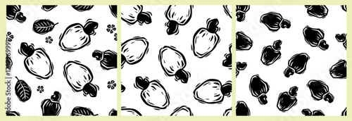 Collection of seamless patterns of cashew nuts. Hand drawn drawing in woodcut style. Editable vector illustration, black on white background..eps