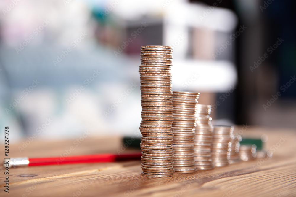 A decreasing row of dollar coins and calculators