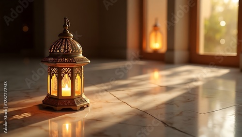 Golden Ramadan Lantern Illuminates Peaceful Interior