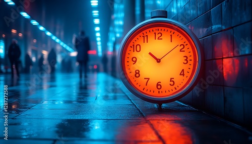 Night city clock, people walking, wet street