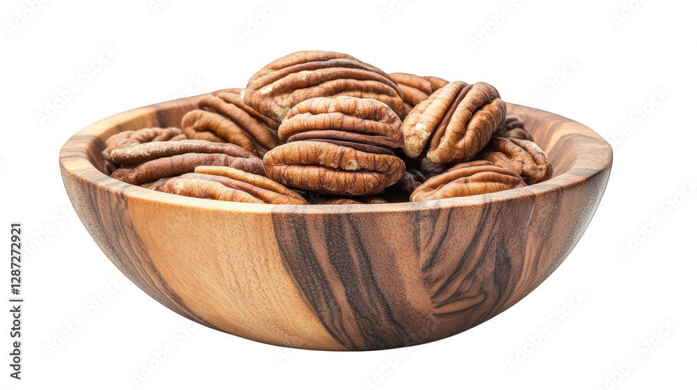 a wooden bowl filled with pecan nuts. showcasing their rich texture and natural color organic quality of the nuts. making it suitable for culinary presentations or health-related content a wooden bowl filled with pecan nuts. showcasing their rich texture and natural color organic quality of the nuts. making it suitable for culinary presentations or health-related content