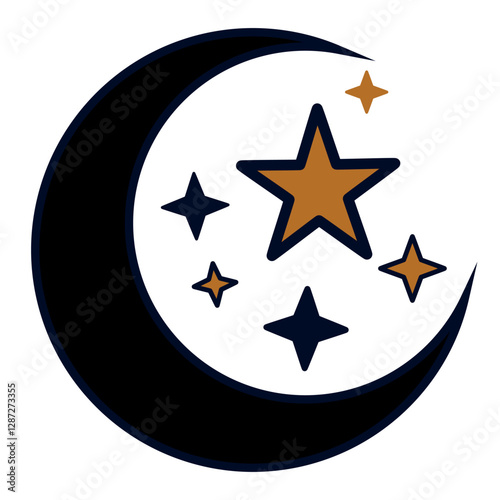Stylized celestial crescent moon and glowing stars decorative vector design for art and prints