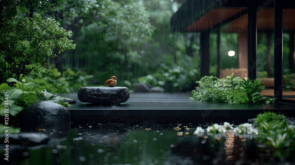 Fototapeta premium Small bird perched on a wet black stone in a tranquil rainy garden next to a modern minimalist house.
