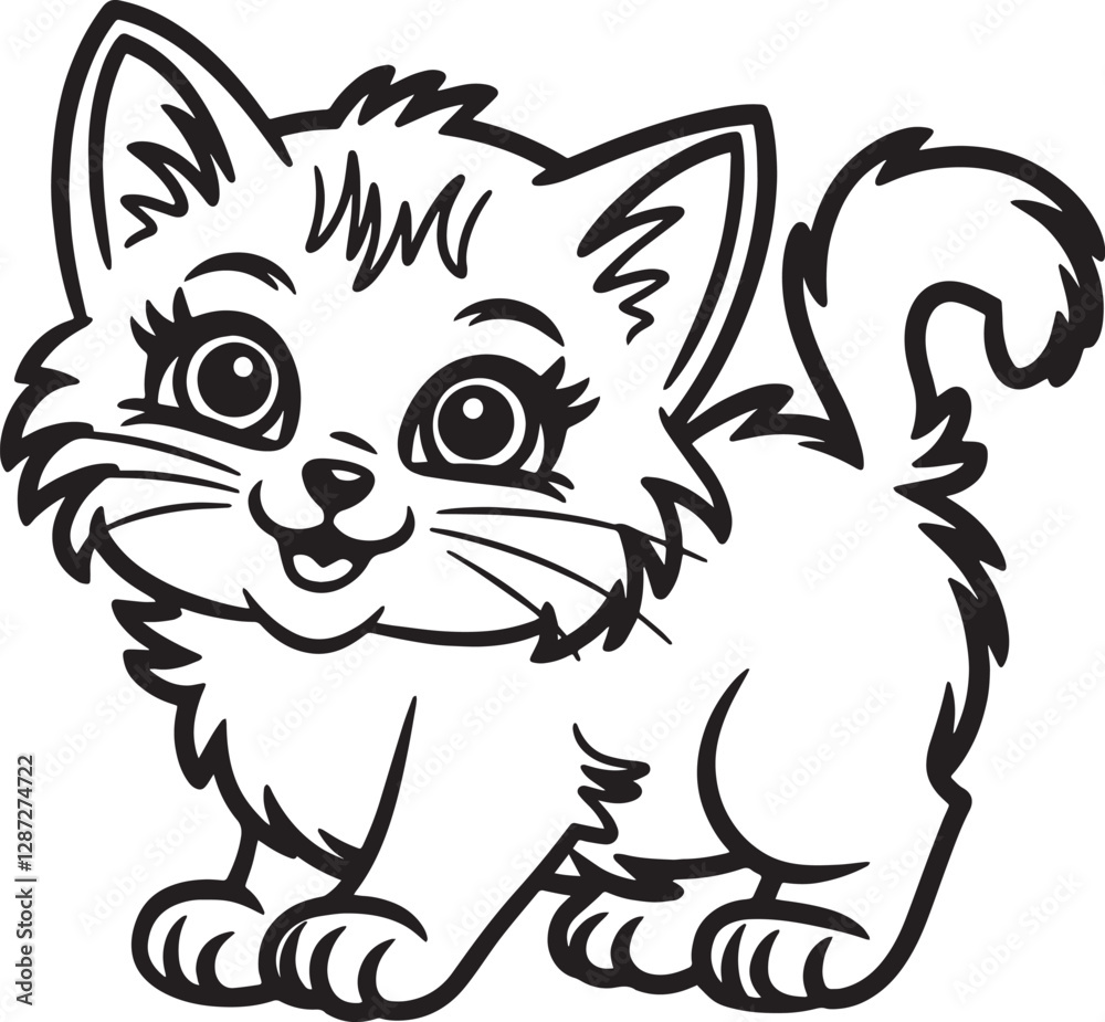 Obraz premium Cute Fluffy Kitten Vector Illustration – Black and White Cartoon Cat Design