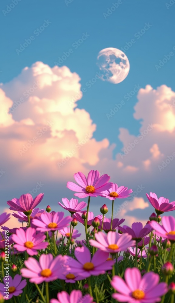Fototapeta premium A vibrant field of pink cosmos flowers stretches towards a clear, bright blue sky, capturing the essence of a perfect summer day.