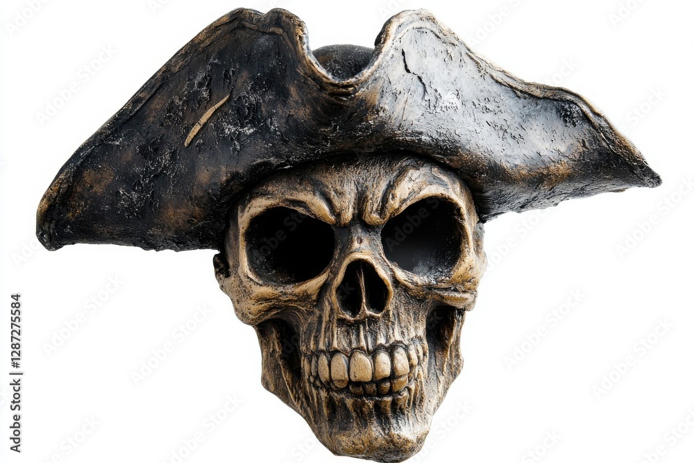 Naklejka premium A weathered skull wears a tricorn pirate hat