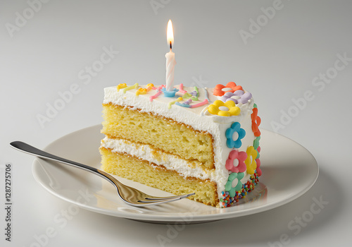 Delicious Slice of Birthday Cake on a Plate with Fork – Perfect Celebration Treat photo