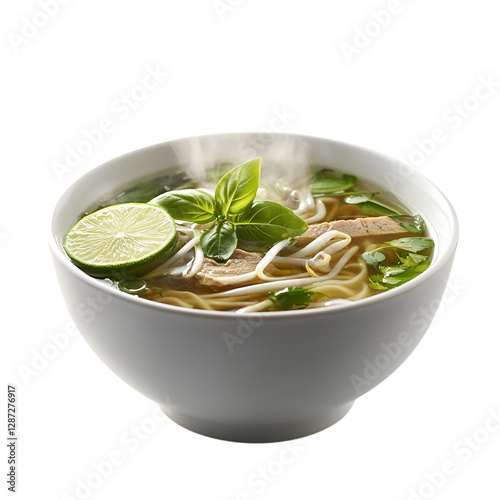 A Steaming Bowl of Pho with Herbs and Lime Isolated on Transparent Background