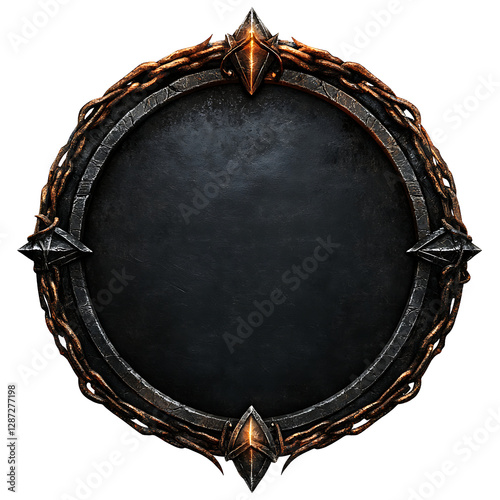 Dark Circular Metal Shield with Bronze Frame and Ornate Details
