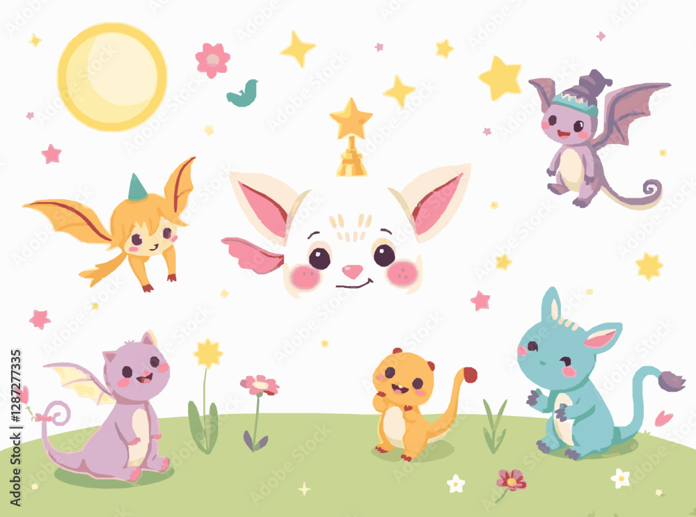 Naklejka premium Magical Fantasy Creatures Set for Whimsical Kids' Tales in Cheerful Tones