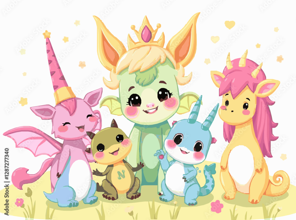 Naklejka premium Magical Fantasy Creatures Set for Whimsical Kids' Tales in Cheerful Tones