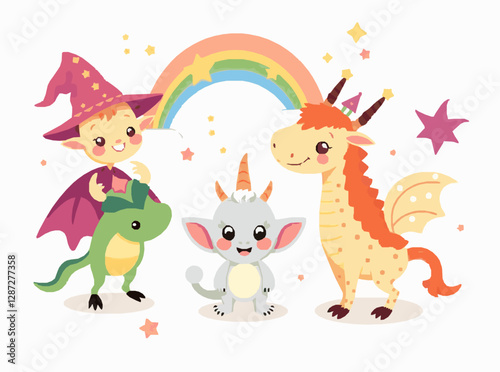 Magical Fantasy Creatures Set for Whimsical Kids' Tales in Cheerful Tones