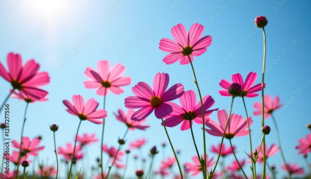 A vibrant field of pink cosmos flowers stretches towards a clear, bright blue sky, capturing the essence of a perfect summer day. A vibrant field of pink cosmos flowers stretches towards a clear, bright blue sky, capturing the essence of a perfect summer day.