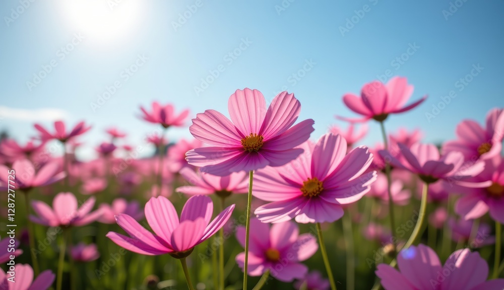 A vibrant field of pink cosmos flowers stretches towards a clear, bright blue sky, capturing the essence of a perfect summer day. A vibrant field of pink cosmos flowers stretches towards a clear, bright blue sky, capturing the essence of a perfect summer day.
