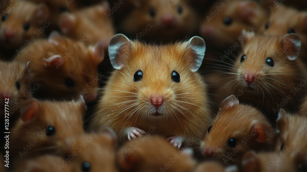 A single hamster surrounded by many others A single hamster surrounded by many others
