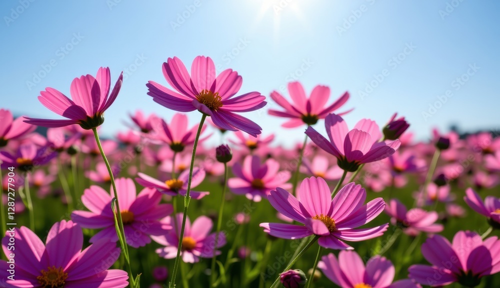 A vibrant field of pink cosmos flowers stretches towards a clear, bright blue sky, capturing the essence of a perfect summer day. A vibrant field of pink cosmos flowers stretches towards a clear, bright blue sky, capturing the essence of a perfect summer day.