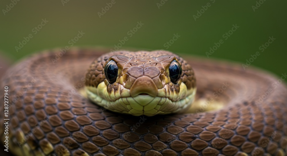 Fototapeta premium Snake Coiled Close-up with Striking Eyes on Green Blurred Background