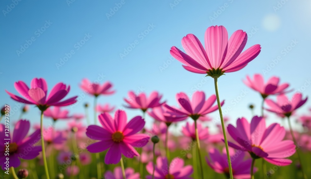 A vibrant field of pink cosmos flowers stretches towards a clear, bright blue sky, capturing the essence of a perfect summer day. A vibrant field of pink cosmos flowers stretches towards a clear, bright blue sky, capturing the essence of a perfect summer day.