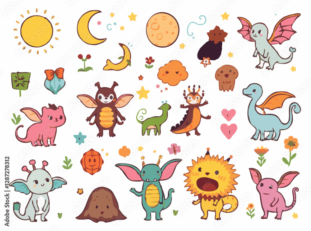 Fototapeta premium Whimsical Creatures and Fantasy Elements Vector Set