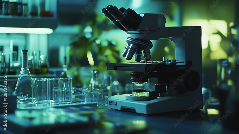 Microscope in Lab Examines Sample with Beakers and Scientific Equipment Microscope in Lab Examines Sample with Beakers and Scientific Equipment