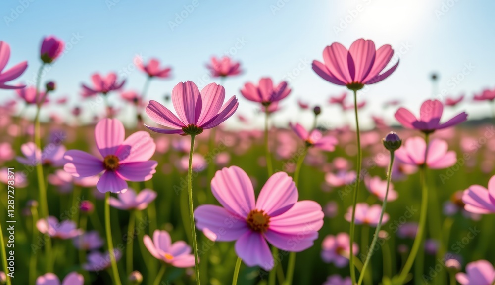 A vibrant field of pink cosmos flowers stretches towards a clear, bright blue sky, capturing the essence of a perfect summer day. A vibrant field of pink cosmos flowers stretches towards a clear, bright blue sky, capturing the essence of a perfect summer day.