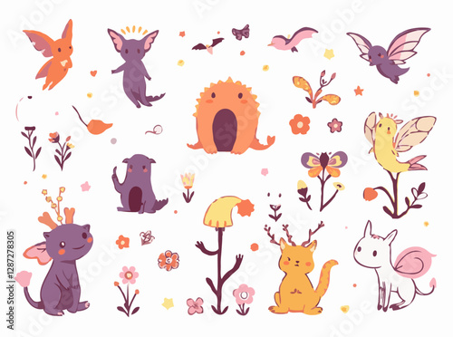 Whimsical Creatures and Fantasy Elements Vector Set
