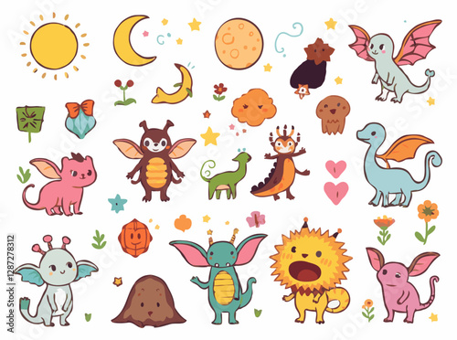 Whimsical Creatures and Fantasy Elements Vector Set