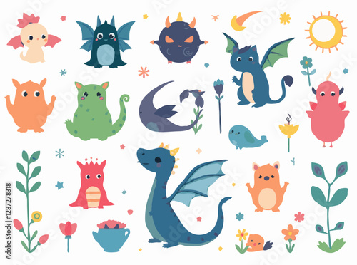 Whimsical Creatures and Fantasy Elements Vector Set