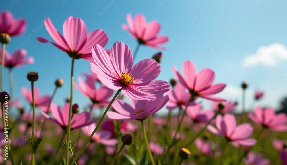 A vibrant field of pink cosmos flowers stretches towards a clear, bright blue sky, capturing the essence of a perfect summer day. A vibrant field of pink cosmos flowers stretches towards a clear, bright blue sky, capturing the essence of a perfect summer day.