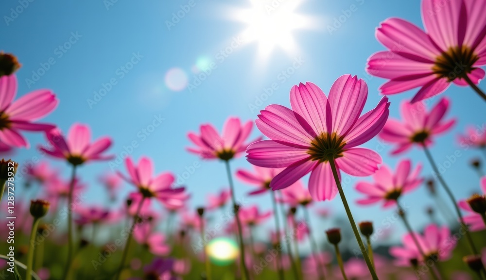 A vibrant field of pink cosmos flowers stretches towards a clear, bright blue sky, capturing the essence of a perfect summer day. A vibrant field of pink cosmos flowers stretches towards a clear, bright blue sky, capturing the essence of a perfect summer day.