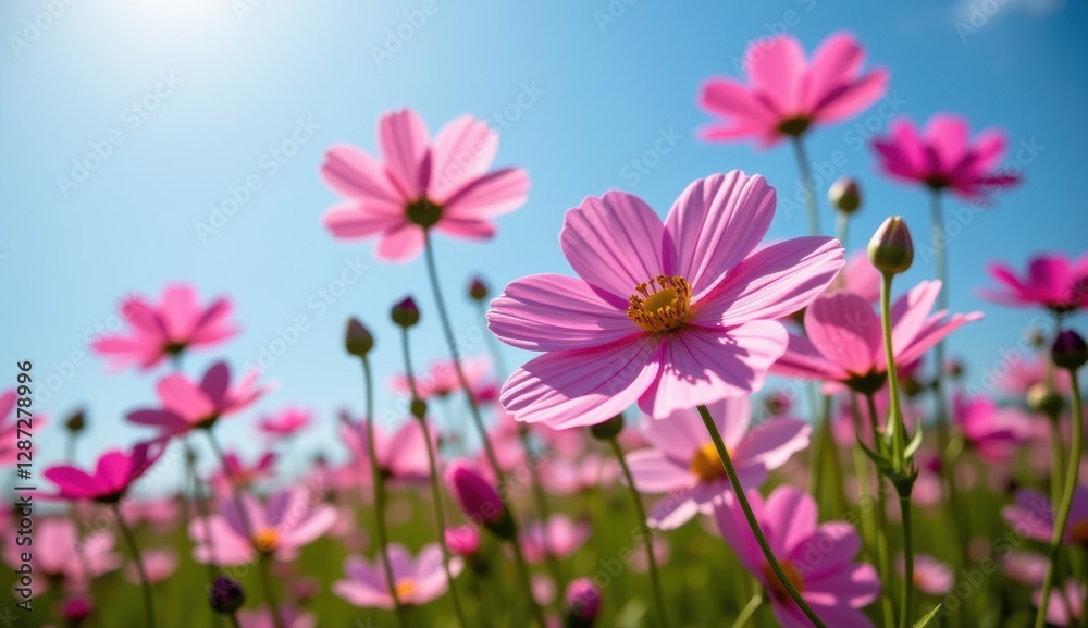 A vibrant field of pink cosmos flowers stretches towards a clear, bright blue sky, capturing the essence of a perfect summer day. A vibrant field of pink cosmos flowers stretches towards a clear, bright blue sky, capturing the essence of a perfect summer day.
