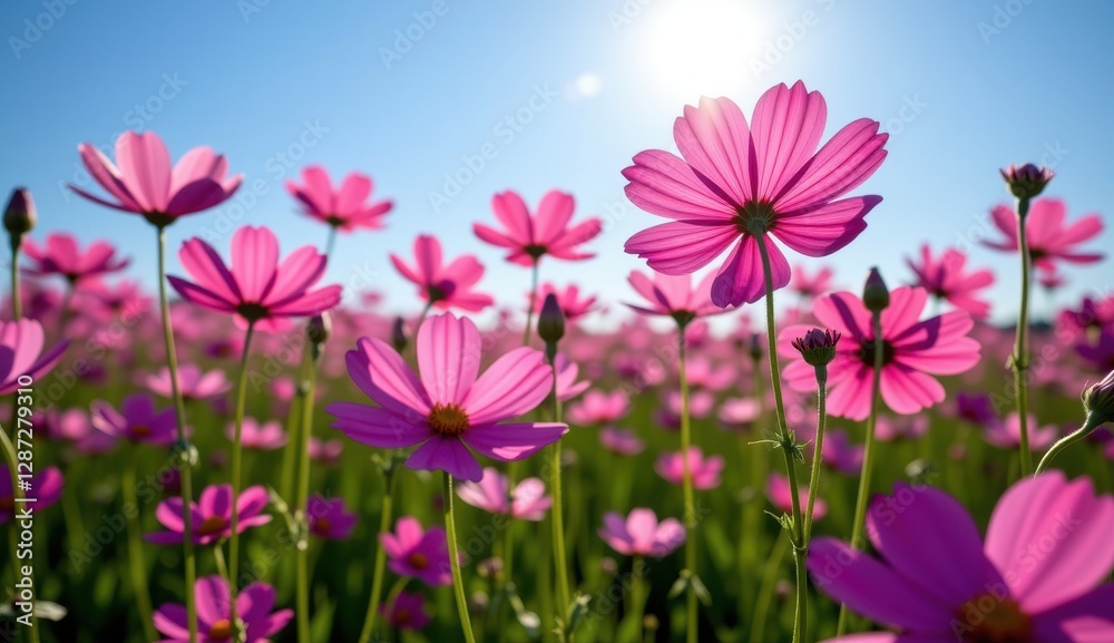 A vibrant field of pink cosmos flowers stretches towards a clear, bright blue sky, capturing the essence of a perfect summer day. A vibrant field of pink cosmos flowers stretches towards a clear, bright blue sky, capturing the essence of a perfect summer day.