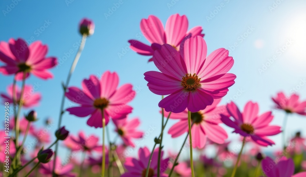 Fototapeta premium A vibrant field of pink cosmos flowers stretches towards a clear, bright blue sky, capturing the essence of a perfect summer day.