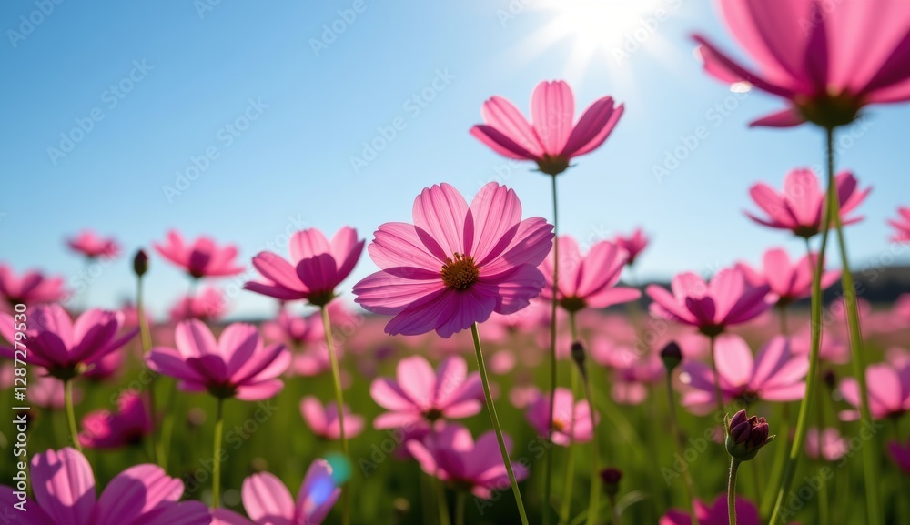 A vibrant field of pink cosmos flowers stretches towards a clear, bright blue sky, capturing the essence of a perfect summer day. A vibrant field of pink cosmos flowers stretches towards a clear, bright blue sky, capturing the essence of a perfect summer day.
