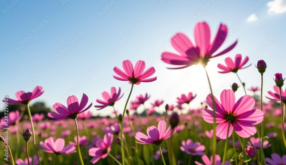 A vibrant field of pink cosmos flowers stretches towards a clear, bright blue sky, capturing the essence of a perfect summer day. A vibrant field of pink cosmos flowers stretches towards a clear, bright blue sky, capturing the essence of a perfect summer day.