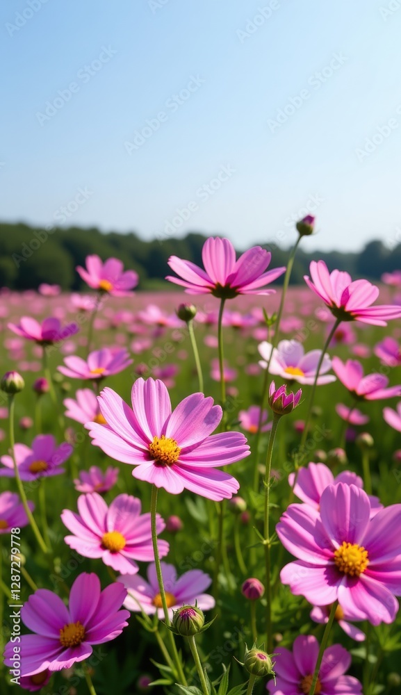 A vibrant field of pink cosmos flowers stretches towards a clear, bright blue sky, capturing the essence of a perfect summer day. A vibrant field of pink cosmos flowers stretches towards a clear, bright blue sky, capturing the essence of a perfect summer day.