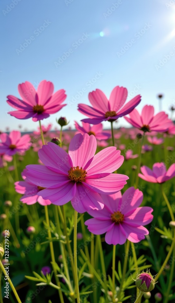A vibrant field of pink cosmos flowers stretches towards a clear, bright blue sky, capturing the essence of a perfect summer day. A vibrant field of pink cosmos flowers stretches towards a clear, bright blue sky, capturing the essence of a perfect summer day.