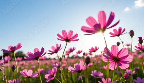 A vibrant field of pink cosmos flowers stretches towards a clear, bright blue sky, capturing the essence of a perfect summer day.