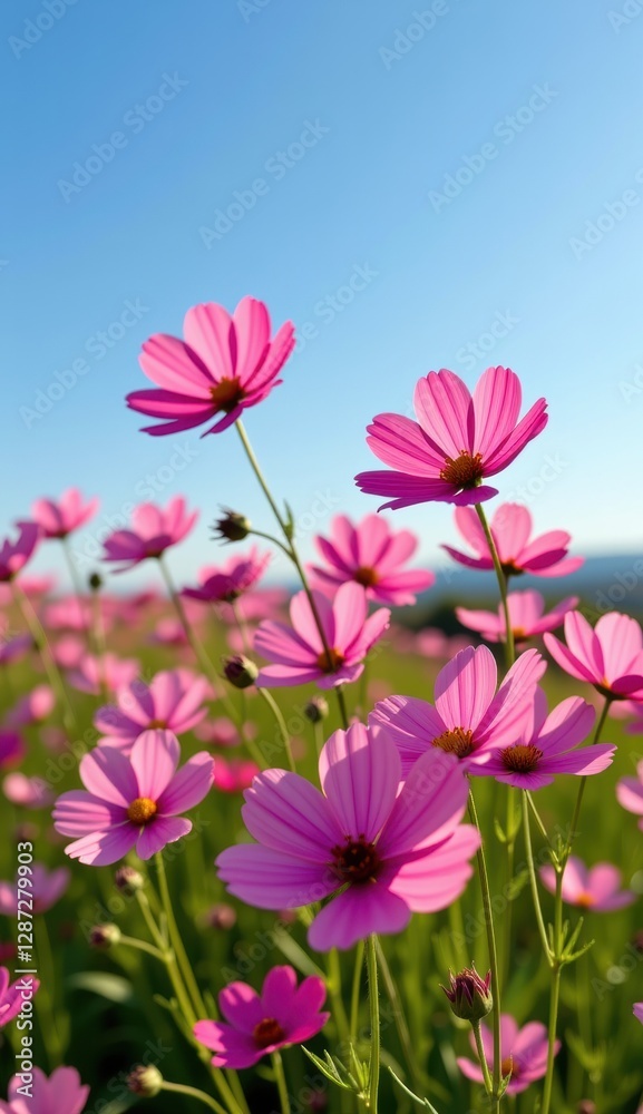 A vibrant field of pink cosmos flowers stretches towards a clear, bright blue sky, capturing the essence of a perfect summer day. A vibrant field of pink cosmos flowers stretches towards a clear, bright blue sky, capturing the essence of a perfect summer day.