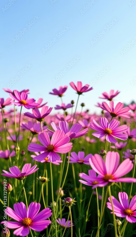 A vibrant field of pink cosmos flowers stretches towards a clear, bright blue sky, capturing the essence of a perfect summer day. A vibrant field of pink cosmos flowers stretches towards a clear, bright blue sky, capturing the essence of a perfect summer day.