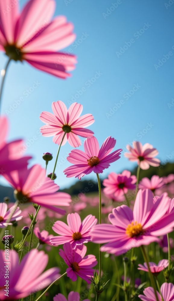 A vibrant field of pink cosmos flowers stretches towards a clear, bright blue sky, capturing the essence of a perfect summer day. A vibrant field of pink cosmos flowers stretches towards a clear, bright blue sky, capturing the essence of a perfect summer day.