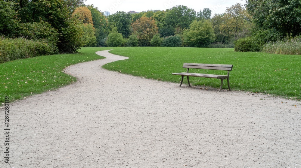 Park path with bench, autumn scenery, tranquility, quiet, peaceful