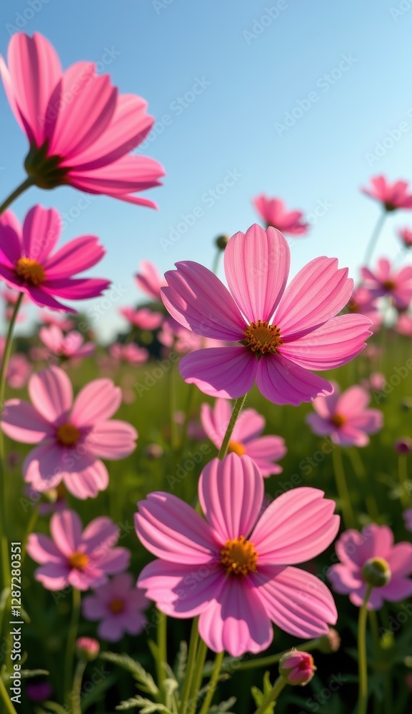 A vibrant field of pink cosmos flowers stretches towards a clear, bright blue sky, capturing the essence of a perfect summer day. A vibrant field of pink cosmos flowers stretches towards a clear, bright blue sky, capturing the essence of a perfect summer day.
