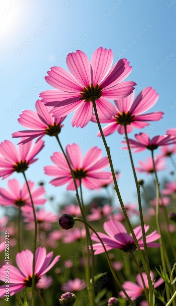 A vibrant field of pink cosmos flowers stretches towards a clear, bright blue sky, capturing the essence of a perfect summer day. A vibrant field of pink cosmos flowers stretches towards a clear, bright blue sky, capturing the essence of a perfect summer day.