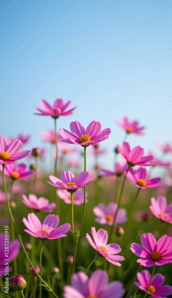 A vibrant field of pink cosmos flowers stretches towards a clear, bright blue sky, capturing the essence of a perfect summer day. A vibrant field of pink cosmos flowers stretches towards a clear, bright blue sky, capturing the essence of a perfect summer day.