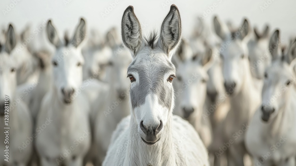 A lone white donkey stands before a herd of others A lone white donkey stands before a herd of others