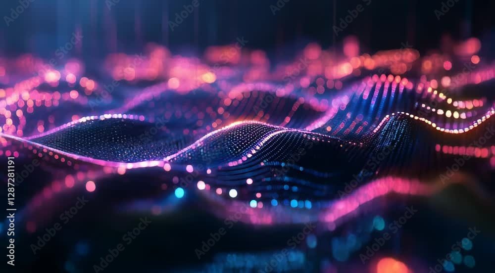 Vibrant abstract digital landscape featuring glowing waves of data points in shades of blue and pink, representing the flow of information and technology