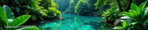 Dense foliage surrounds a crystal clear pool of water, jungle, nature, green